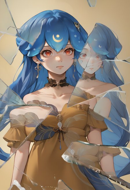 score_9, score_8_up, score_7_up, source_anime, 1girl, solo, <lora:Bao_XLPD:1>, BaoSecond, blue hair, liquid hair, long hair, bangs, hair ornament, jewelry, choker, earrings, off-shoulder dress, yellow dress, off shoulder, collarbone, bare shoulders, wave print, shawl, see-through, bare arms,  <lora:BreakingGlassXLPDCAME:1> IncrsXLBrknGls, broken glass, reflection, upper body