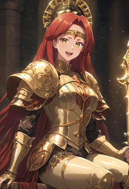 (best quality) , (highly detailed) , (best quality) , (highly detailed) ,((masterpiece)), ((best quality)), (ultra-detailed), ((extremely detailed)), (high resolution), 4K, (8K), best quality, (beautiful), (dynamic lighting), (super detailed skin), sharp focus, 1girl
<lora:fana_v1:1>,fana,circlet,red hair,yellow eyes, smiling, long hair
<lora:Fixhands_anime_bdsqlsz_V1:1>,
BREAK
 smile, cape, open mouth, laughing, smiling, upper teeth, confident, pauldrons, sitting, holding sword, armored boots,(((medieval armor,adventurer armor))),((,embroidered clothes,ornate armor, renaissance armor,))) (((lustrous skin:1.5,bright skin: 1.5,skin,shiny skin,very shiny skin,shiny body,plastic glitter skin,exaggerated shiny skin,illuminated skin))),(detailed body,(detailed face)), Standing, hands on cheeks