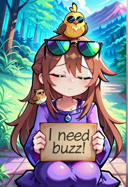 Funset, brown hair, sidelocks, half updo, long hair, purple dress, masterpiece, best quality, absurdres, cute, kawaii,
outdoors, nature,
 dog, green eyes,bird on head, bird on shoulder, closed eyes,
intricate, highly detailed, majestic, sad, frown, sunglasses, looking at viewer, solo, sitting on ground, feral, need_buzz, holding sign,