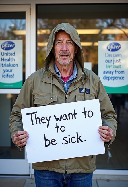 (A very sick individual:1.2), hold sign that reads, "they want to be sick", standing outside clinic, (posters reading, "United Health to help improve your disease", "pfizer just a shot away from dependence"