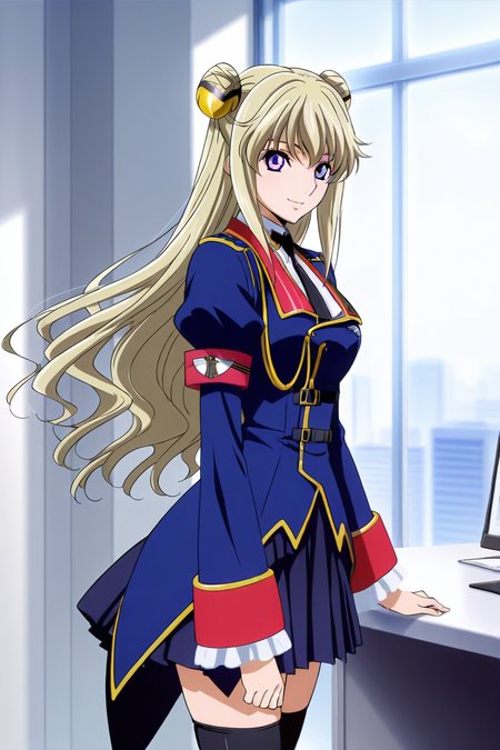 <lora:leila_malcal_CGA_illus:1>leila malcal, military uniform, hair accessories, 1girl, solo, long hair, blue eyes, pleated skirt, blonde hair, very long hair, purple eyes, necktie, office, hair bun, double bun,  cheerful, smile, cowboy shot, standing  looking at viewer,  <lora:Add_more_details_pony:0.8> black stocking, zettai ryouiki, side view, proportional body,
