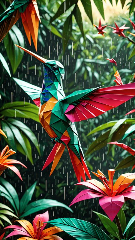 The art of Origami, Paper folding, Origami, Humming Bird, Tropical flower, Rain Forest,  insanely detailed and intricate, hyper maximalist, elegant, hyper realistic, super detailed, vivid colours, sunrise, ornate, dynamic, articulate, 8K, Amazing colours, Intricate details, Painstaking Attention to Details, 3D render, UHD