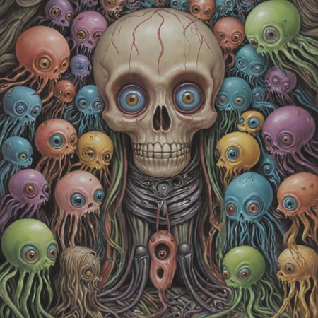 a surreal image in lowbrow art style of monstrous arachnoid, fragile limbs, facetted eyes, nightmare, intricately ornamented chitin Rainbow armor, spooky monster, intimidating posture, drooling fangs, bedroom closet