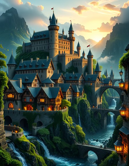 A breathtaking medieval fantasy city nestled in a lush valley, surrounded by towering mountains and dense forests. A grand castle with multiple towers and turrets stands atop a hill, overlooking the town below. The city consists of charming half-timbered houses with glowing windows, perched on rocky cliffs and connected by stone bridges over cascading waterfalls. The river flows through the village, reflecting the warm golden lights of lanterns and torches. Ivy and moss grow over the stone walls, adding to the enchanted, ancient atmosphere. The background features misty mountains with additional fortresses and watchtowers, partially hidden by low-hanging clouds. The sky is illuminated by a soft, warm sunset, casting a golden glow on the scenery, creating a perfect blend of realism and fantasy. Highly detailed, cinematic, and immersive, with a magical, fairy-tale ambiance.
<lora:SDXLFaeTastic2400:0.4> <lora:extremely_detailed:0.4> extremely detailed, <lora:medieval_f4nt4sy_c1ty:1>,medieval f4nt4sy c1ty, Masterpiece,best quality,hi res,8k,hi res,8k,award winning,(sharp focus, intricate, highly detailed),