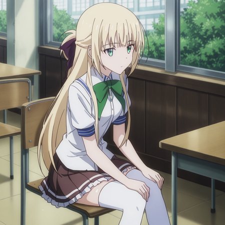 nsfw, masterpiece, best quality, 1girl, solo, magical_warfare_kurumi_lsoshima, sitting, on chair, thighhighs, blonde hair, school uniform, green eyes, long hair, skirt, white thighhighs, bow, anime coloring, sitting, brown skirt, short sleeves, ribbon, school, class, classmate,  <lora:Kurumi_Isoshima_-_Magical_Warfare:0.7>