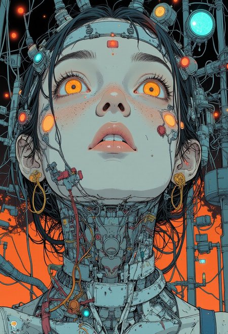 (dutch angle:1.2),(view from below:1.4), oil art,by Ashley Wood, deep meaningful context backgrounds, young  woman,