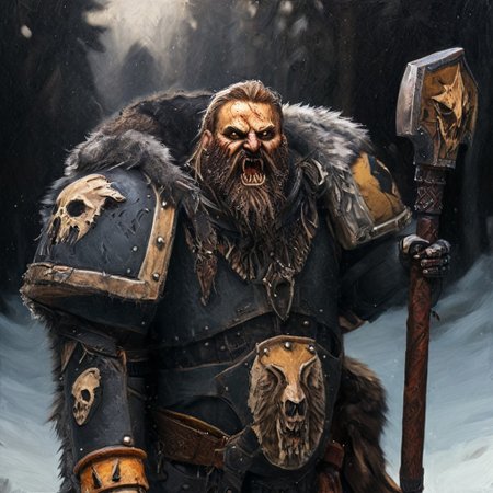 Space wolf warrior, wolf priest, chaplain, skull helmet, wolf skull helmet, wolf skull has a long snout that extends to the helmet mouth vent, the skull has fangs and glowing eyes, warrior with beard is in winter landscape, he is a werewolf space marine,  he as heavy scars, he has his huge runic hammer in his hands, portrait style, viking, norse, beard, clad in ripped furs and pieces of old worn space wolf armor, Black over black, top light, masterful painting in the style of Anders Zorn | Marco Mazzoni | Yuri Ivanovich, Todd McFarlane, oil on canvas
<lora:add-detail-xl:1> <lora:MJ52:0.5>