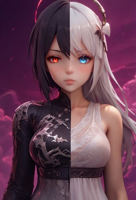 score_9, score_8_up, score_7_up, score_6_up, source_anime, masterpiece,
mythp0rt,
Vicineko, 3d, 
1 girl, 
full body. petite, medium-large breasts, 
SplitScreen, split screen, upper body, <lora:SplitScreen_illusXL_Incrs_v1:1.2>,
1girl,
white hair,
halo,
blue eyes,
angel, 
white dress,
angel wing,
pure, 
adorable,
clear sky, clouds,
SplitScreen, split screen, upper body, <lora:SplitScreen_illusXL_Incrs_v1:1.2>,
1girl,
black hair,
demon girl,
red eyes,
human,
horns,
demon wing, 
seductive look,
black clothes,
see through clothes,
reddish hell scenery,