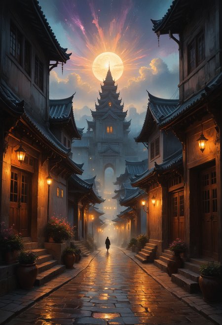 (Mixed art of soft digital oil painting and rough charcoal drawing:1.4), On a palette that's not naturalistic, mood and atmosphere, highly expressive, emotional impact, inner feelings, Post-Impressionism, beauty and vitality, a complicated scratch, 
winding hanok streets weave through traditional architecture adorned with vibrant dancheong patterns. Hidden alleyways lead to transdimensional portals opening into enchanted courtyards bathed in twilight hues and gentle moonlight. Urban magic imbues the atmosphere with a surreal ambiance and mystical vibrancy, creating a visual symphony of prismatic tints and golden glimmers. As the sun sets, the city transforms into a world of other dimensions, where time dances through layers of temporal elegance and ethereal calm, a true multiverse gateway. Amidst this ethereal setting, the silhouette of a man in black stands resolute, his presence a timeless guardian of the city's mystical secrets, ensuring the balance between realms remains undisturbed. 
extraordinary (masterpiece:1.2), (best quality:1.1), ultra highres, 8K, hyperdetailed, intricate details, Refined details,
moody colors, dramatic lighting, 
vintage color grading, and shallow depth of field, Black and White tone,
<lora:add-detail-xl:1.2> <lora:ClassipeintXL2.1:0.4> <lora:linquivera:1> liiv1, <lora:zavy-mthcl-sdxl:0.6>  zavy-mthcl
