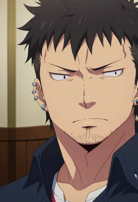 masterpiece, best quality, intricate details, anime screencap, , , , , 1boy, solo, male focus, <lora:ryuuji_suguro_ilxl:0.92>, ryuuji_suguro, black hair, black eyes, short hair, , facial hair, stubble, ear piercing, ,