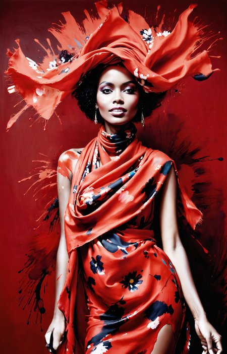 surrealist avant-garde, fashion photography, shot by ellen von unwerth, [ a red powder explosion : close-up of a beautiful Cape Verdean woman wearing a floral print scarf, soft smile : 6], <lora:MS_AcrylicArt_V1_SDXL:0.8> acrylic_painting, painting, brush strokes, paint drops, paint splatter