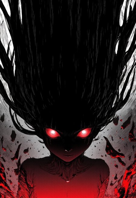 nistyle, monochrome Manga Sketch, extreme head Closeup, a dark ethereal womans black billowing hair, hair floating upward, Killing Gaze smile, eerie, Shrouded in darkness, shaded eyes, Low angle View, hyperdetailed manga sketch style, with bleaked  color Highlights, grey, and white color grading. Greyscale