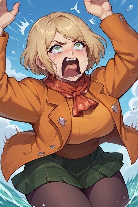 score_9, score_8_up, score_7_up, score_6_up, source_anime BREAK 1girl  <lora:ashleygraham-pdxl-nvwls-v1-000005:1> reAshley, green eyes, red neckkerchief, orange jacket, orange sweater, green miniskirt, pantyhose, (big breasts:0.6),  <lora:concept_aquascreaming_ponyXL:1> aquascreaming, screaming, open mouth, crying with eyes open