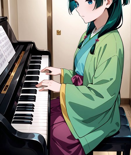 masterpiece, best quality, newest, absurdres, highres, detailed eyes, beautiful, detailed background, perfect eyes, anime coloring, anime screencap,
<lora:Erotic_Pianist:0.7> Erotic_ianistV1,
1girl,piano,instrument,breasts,
solo,sitting,piano bench, head out of frame,
play piano, hands on keyboard \(instrument\), from side, 
kusuriya no hitorigoto, 
jinshi \(kusuriya no hitorigoto\), 
BREAK
maomao \(kusuriya no hitorigoto\),