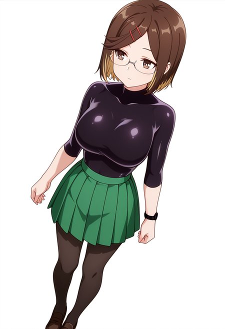 masterpiece,high quality details, absurdres,
 <lora:Konoha_Koga:0.8>koga_cnr, 1girl, brown hair, short hair, brown eyes, blonde hair, two-tone hair, large breasts, semi-rimless eyewear,hairclip,
koga_s1,green pleated skirt,black pantyhose, loafers, wristwatch,bodysuit,, simple background, white background, dutch angle,solo,