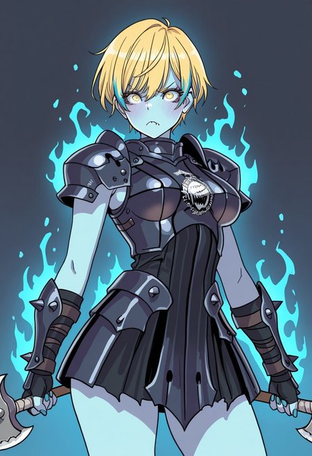 masterpiece, best quality, amazing quality, very aesthetic, absurdres, newest, Yamashita_shunya_STYLE, solo,
(troll:1.5), 1girl, expressive eyes, feminine eyes, beautiful detailed eyes:1, perfect face, glowing blue eyes:1, short point ears, underbite tusks, blue skin, (yellow hair with blue highlights:1.5), (pixie cut hair), medium breasts, (berserker dress armor:1.5), (fingerless gloves:1.5), navy blue nails, holding twin hammers, frown, furrowed brows, frost aura, using twin maces, dynamic pose with twin maces, frost magic,