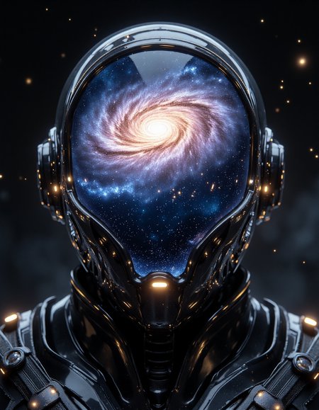 Futuristic entity with a swirling galaxy for a head, front view, encased inside a glass helmet. The galaxy's colors blend with blues, purples, and whites, creating a glowing effect. The body is sleek and obsidian black metallic, with intricate futuristic armor details. The background is a dark space environment with scattered stars for contrast, aidmaMJ6.1, HKMagic, <lora:aidmaMJ6.1v0.4:0.6>, <lora:FantasyWizardWitchesFluxV2-000001:0.8>, <lora:Dark Cinematic:0.8>