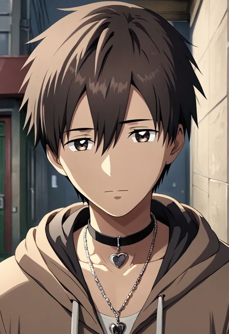 high resolution, solo, best quality, 1Boy, Takaki Toono, Brownish Hair, Brown Eyes, bangs, necklace, choker, hair between eyes, Hoodie, OverallDetail