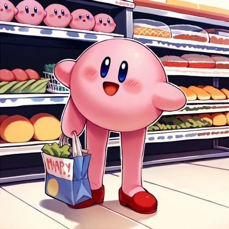 score_9, score_8_up, score_7_up BREAK LongKirby, dark blue eyes, pink body, blush, red shoes, happy, shopping at supermarket, supermarket shopping, supermarket indoors, supermarket background,