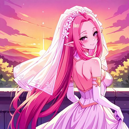 masterpiece, best quality, 1girl, solo, <lora:alpha-illu-nvwls-v1-000006:1> alpha, pointy ears, luciaPangya, very long hair, pink hair, pink eyespink hair, medium breasts, wedding dress, bridal veil, elbow gloves, from behind, looking back, smile, blush, sunset, smile, fantasy mountains, fantasy world, Sakura trees,