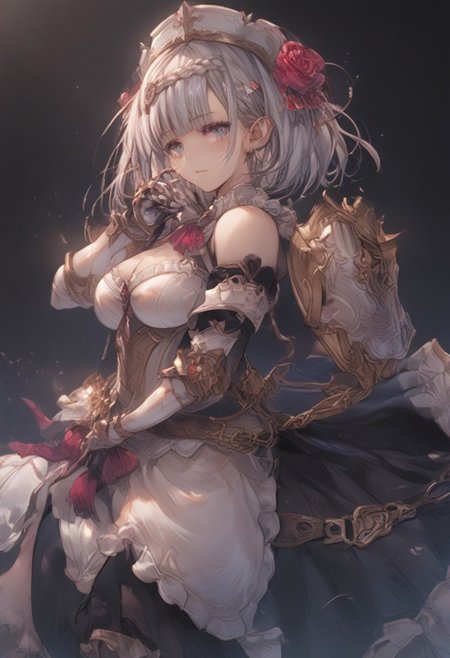 score_9, score_8_up, score_7_up, score_6_up, score_5_up,
nldf, green eyes, grey hair, short hair, braid, blunt bangs, hair ornament, maid headdress, hair flower, red rose, pink ascot, breastplate, breasts, cleavage, bodystocking, shoulder armor, single shoulder pad, armored dress, white gauntlets, belt, maid apron, pantyhose, armored boots,mature face,29 years-old,
,standing,(large breasts:0.6),from side:1(fromfront:0.5),
 dramatic pose,black background,simple background,masterpiece, best quality, sharp_details, game_cg