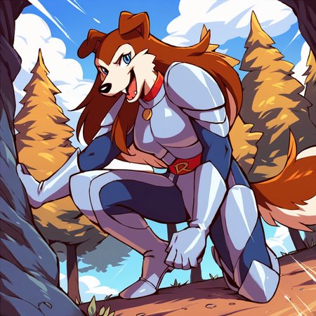 score_9, score_8_up, score_7_up, score_6_up, score_5_up, score_4_up, (Source furry), (rating safe),  <lora:ColleenXL:0.8>,solo, open mouth, brown hair, gloves, tail, full body, boots, outdoors, sky, day, cloud, armor, tree, bodysuit, fangs, dog girl, collar, colleen, blue eyes, two-tone hair, two-tone fur, furry, furry female, long hair