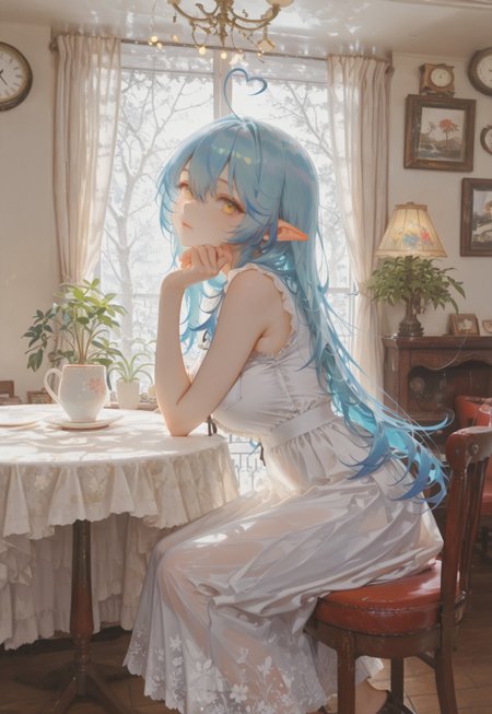 masterpiece, best quality, hyper-realistic, ultra-HD, luminous lighting, cinematic ambiance, shimmering gradients, ethereal glow, deep contrast, rich color tones, seductive atmosphere, captivating sensuality, Cinematic Lighting, raytracing, volumetric lighting, ambient occlusion, very awa, absurdres, amazing quality, ultra-detailed,8K,illustration,CG, 
BREAK 
shiny hair,clear skin,ultra-detailed-eyes,simple background,cute girl, eyelashes, slender, long hair, large breasts, (mature female), slim body, long lushes, long legs, flat stomach, enchanting eyes, usnr, 748cmstyle,
BREAK 
"kissaten", japanese cafe, sitting, indoors, window, chair, table, scenery, lamp, painting \(object\), stained glass,  sunlight, plant, couch, wooden floor, clock, potted plant, lamp, curtains, vase, flower pot,  flower, tree, cup, reflection, ceiling light, stool, shelf, tablecloth, 
BREAK 
YukihanaLamy, blue hair, long hair, heart ahoge, sleeveless dress, close-up, from side, looking at viewer, hand_on_own_chin, see-through, breast pocket, white dress, long skirt, 