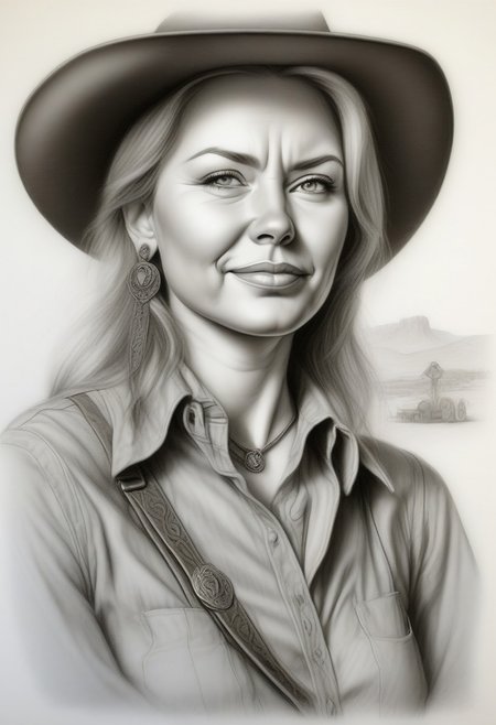 A girl with large eyes and fair skin. She is dressed in a stylish, wild-west-inspired outfit, wearing a long-sleeved blue shirt with many buttons and brown suspenders. Her hair is blonde and slightly messy. She is smiling brightly. Her shirt is unbuttoned to reveal a deep cleavage. She is wearing a white Stetson and a pendant. The background of the image is a Wild West town at noon. Jed-Pen