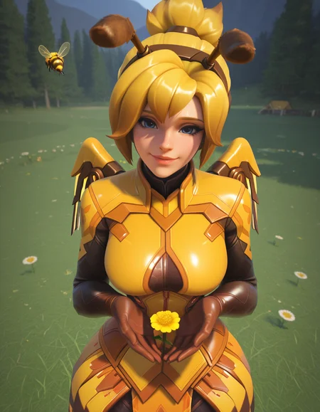 Masterpiece, high-res, 2k, best quality, 2.5d, 1girl, mercy (overwatch), beemercy , bee, headband <lora:bee_mercy_illus-000040:1>  in a flower camp On her side arms outstretched behind her