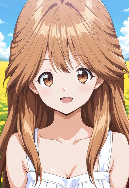 kawai_iyona, brown eyes, brown hair, long hair, cleavage, dress, <lora:kawai_iyona_illustrious_ver1:0.8> 
smile, open mouth, 1girl, solo, (field:1.2), (blue sky:1.2), looking at viewer,, masterpiece, best quality, general,, (upper body:1.2), (close-up:1.2), (facing viewer:1.2), (open eyes:1.4), (portrait:1.2)