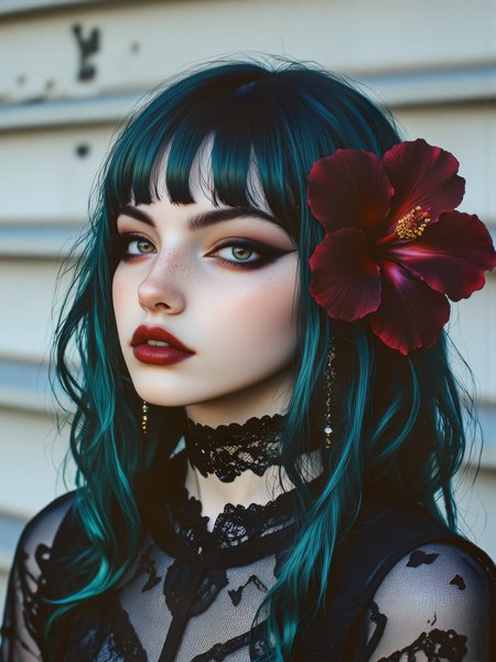 masterwork portrait photograph of a gorgeous goth girl with dark green hair and goth makeup, she is wearing a black lace dress with a hibiscus blossom in her hair and a lace choker, shot with a hasselblad 500c, kodak portra 800, 55mm, f/ 1. 8 lens, short depth of field, dappled lighting, high contrast, uhd, hdr, dtm, 8k, 4k, fictionalpoison, aidmamj6.1, art1fact girl, 
<lora:poison-character-flux-by_meower2024:0.88>
<lora:midjourney_61-v0.5-flux-by_aidma:0.8> 
<lora:portrait_artifacts-detailer-flux-by_whitelabel:0.44> 
<lora:epic_gorgeous_details-balance-flux-by_flyway:0.48>