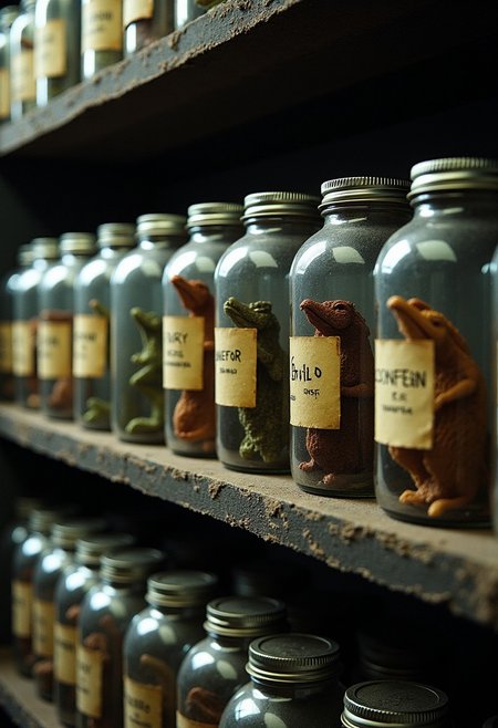Close up. A row of dimly lit shelfs containing several jars, tightly packed, closed with lids on them. On the jars are small yellowed paper labels with strange names on them. Inside the jars are small dead dragons preserved in formaldehyde. The dragons have detailed slightly reflective scales. Each dragon has a different color. The colors are jaded, toned down. Eyes are closed. It is dark, low light. There is dust on the shelf and on the jars.