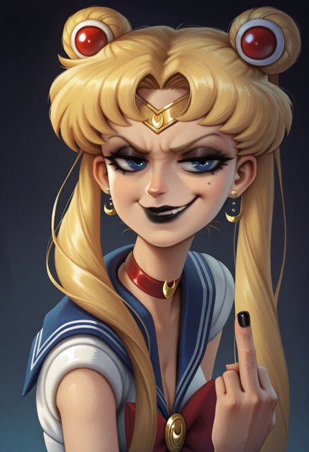 N4KV1,  stylized, semi_realistic, masterpiece, best quality, solo,                                                             sailor moon, blonde hair, blue eyes,  mascara, smug, middle finger, goth, black lipstick,