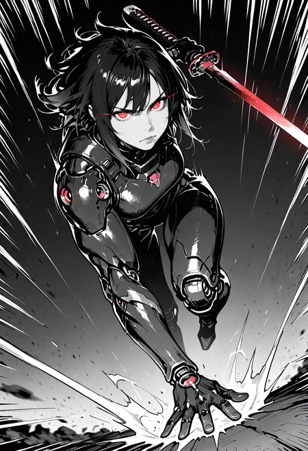 solo,
piercing gaze, angry, serious, determined, confident, glowing eyes,
futuristic steaming_hot blade, red glowing katana, (dynamic pose:1.2), armored,
depth of field, motion blur, motion lines, energy lines, running towards viewer, attack, incoming attack,
dimly lit, dramatic lighting, volumetric lighting, dark,
wide short, imposing, dutch angle,,
monochrome,
v2.0,
 <lora:Dot_Comics:1>, masterpiece, best_quality, amazing_quality, very_aesthetic, 8k, high_quality, highres, absurdres, subject_focus,, detailed eyes, perfect eyes, realistic eyes,, mechanical limbs, cyborg, cybernetic, futuristic, mechanical joints, robot,