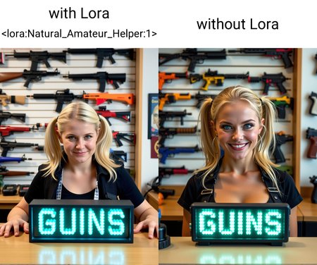 Photography of a natural woman with blue eyes, she's grinning, she's standing behind the counter is a small weapons shop. there are lots of colorful futuristic guns displayed on the wall behind her. on the counter is a ((nixie tube)) lamp device displaying the text "GUNS" in glowing letters. she is looking menacingly at the viewer. she has blonde pigtails, with Lora  <lora:Natural_Amateur_Helper:1>