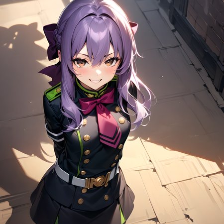 (masterpiece),(best quality),(ultra-detailed),(best illustration),(best shadow),(absurdres),(detailed background),(very aesthetic), hiiragi_shinoa, 1girl, solo, long hair, smile, gloves, purple hair, brown eyes, bow, skirt, uniform, hair bow, white gloves, grin, arms behind back, military <lora:Shinoa:1>