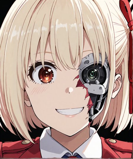 score_9,score_8_up,score_7_up,score_6_up,score_5_up,score_4_up,source_anime,best quality,masterpiece,
<lora:half_cyborg_face_pony_v1:1>,half_cyborg_face,android,mechanical parts,damaged,cyborg,
1girl,solo,
<lora:chisato-nishikigi-s1-ponyxl-lora-nochekaiser:0.7>,chisato nishikigi,chisato nishikigi,
short hair,bangs,blonde hair,hair ribbon,one side up,bob cut,
shirt,long sleeves,dress,white shirt,collared shirt,red dress,lycoris uniform,
simple background,black background,looking at viewer,smile,grin,front view,upper body,close-up,