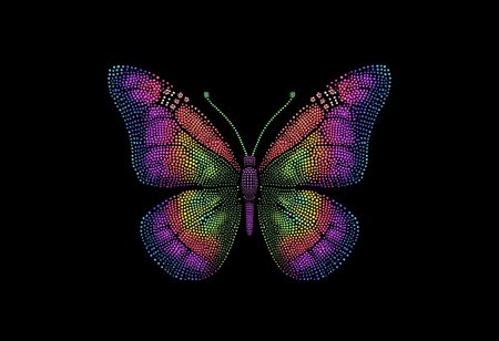 A vibrant butterfly with intricate wing patterns, made from glowing dots, in the style of PSYCHDOT, isolated on a solid black background
