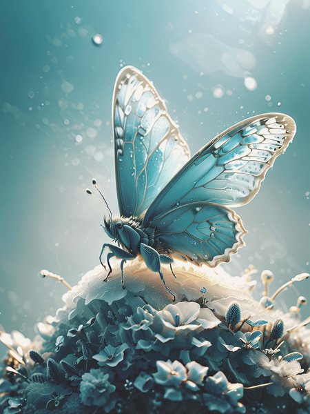 Butterfly with light base and foam, rendered in cinema4d style, dreamy and Romantic, Ray Tracing, Ice blue and silver white, Brandon Werfel, delicate materials, ethereal and dreamy, luminous, Translucent colors, Lavender and Pale Gold, Crystal Butterfly wallpaper China HD wallpaper iPhone14, rendered in cinema4d style, Metallic ethereal, highest quality, 8k, <lora:xl_more_art-full_v1> 