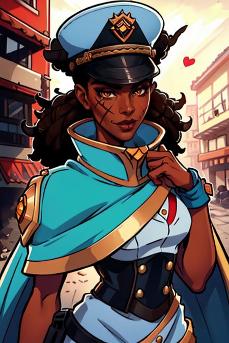 masterpiece,best quality,extreme detail,8k,image sharpness,<lora:Octavia:0.8> octavia2, 1girl, solo, looking at viewer, smile, brown hair, hat, brown eyes, dark skin, mole, uniform, official alternate costume, dark-skinned female, lips, makeup, scar, lipstick, portrait, peaked cap, mole under mouth, eyeshadow, nose
