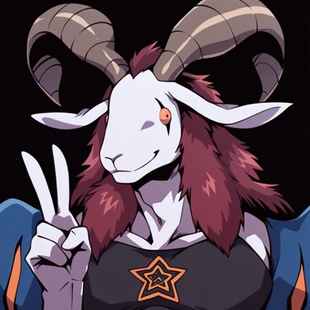score_9, score_8_up, score_7_up, Expressiveh, masterpiece, best quality, highly detailed, realistic, (zPDXL3), 1girl, solo, (Mephismon, furry, anthro, goat demon, dark red hair, grey body, black chest, dark red fur, black wings, orange sclera, black eyes, horns) ((peace sign)), upper body, close-up, smile, closed mouth, looking at viewer, black background, simple background, uncensored