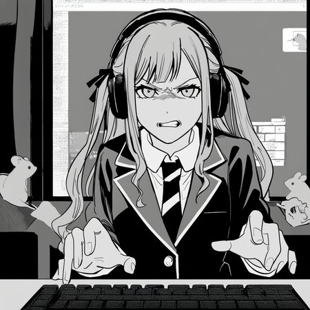1girl,togawa sakiko,bang dream!,bang dream! it's mygo!!!!!,
dark theme,
very awa,holding,collared shirt,diagonal-striped clothes,diagonal-striped necktie,necktie,jacket,haneoka school uniform,jacket,long hair,long sleeves,looking at viewer,necktie,school uniform,shirt,sidelocks,solo,striped clothes,black background,white shirt,blazer,two side up,smile,looking at screen,computer,mouse,headphones,angry,typing,keyboard,clenched teeth,
masterpiece,best quality,amazing quality,very aesthetic,highres,absurdres,<lora:ftstyle-noob05-v2:1>,ftstyle,monochrome,greyscale,solo,