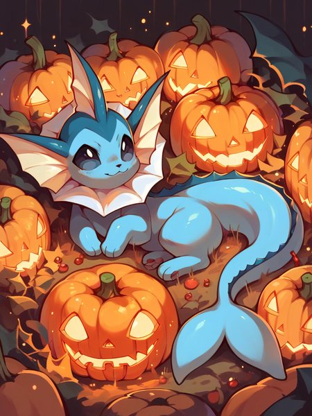 score_9, score_8_up, score_7_up, score_6_up, score_5_up,   <lora:halloweenpokemonXLP:1> halloween pokemon, no humans, jack-o'-lantern, (vaporeon:1), candy,