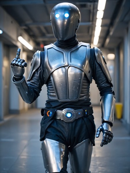 score_9, score_8_up, score_7_up,  score_6_up, BREAK, Isaacrobot, blue eyes, helmet, glowing eyes, belt, humanoid robot, boots, raise right hand, five fingers, middle finger <lora:Isaac:1>
