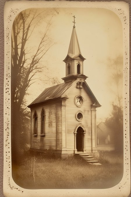 <lora:Albumen Print:1>Albumen Print - vintage old faded sepia monochrome victorian 1800s black and white realistic victorian photo of a tiny abandonded chapel in a clearing in a faded cabinet card style