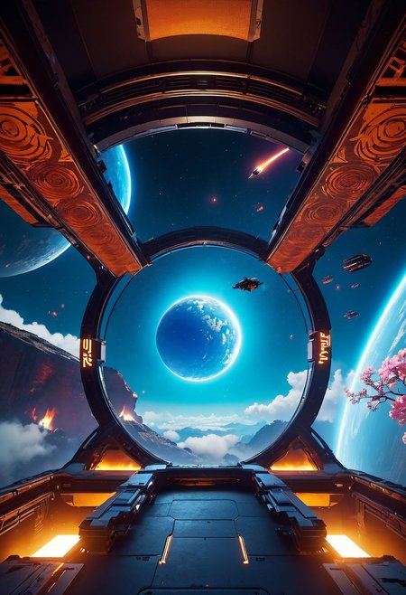 4D render, blender, landscape, Ancient,apocalypse, perfect world, cyberpunk 2077, unreal engine 5 graphics style, spaceship, outdoors, icon, floating in the air, outer space planet, sky gate,dinheirosaurus, human, bulding night, meteor aurora , flower, top-down view, firefly -ar 9:16, high saturation, high contract, fire effcect, bigbang, top-down view