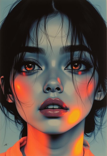 Create a close-up painting of a person with expressive eyes that capture a deep sense of emotion. The subject’s face should be illuminated by soft, natural light, highlighting the intricate details of their skin texture and the subtle hues in their eyes. Incorporate Nihonga elements by using traditional Japanese pigments and techniques, adding a delicate, hand-painted quality to the portrait. The background should be blurred to keep the focus on the subject’s face, with glowing, multicolored elements subtly integrated into the hair and around the eyes, creating an ethereal, almost magical atmosphere. The overall composition should evoke a sense of intimacy and connection with the viewer, blending the timeless beauty of Nihonga with modern, glowing accents.