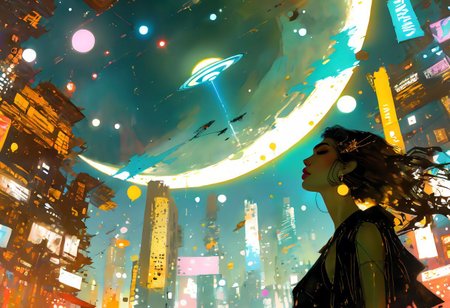 score_9, score_8_up, score_8_up, ((Cinematic composition)),((masterpiece)), (resplendent highlighting), 8k. 
A beautiful girl stands looking up at a night sky full of invading alien spaceships, the city is ablaze, citizens can be seen fleeing.
break
The background is a moonlit night sky, with a large, full moon casting an eerie glow over the scene. the city is burning. Alien Spacecraft are attacking and landing in the background. 
Ink, Charcoal and watercolours. impressionistic. (Klimt :1.2) dadaistic collage (by Bill Sienkiewicz:1.5), strikingly alluring face. brilliant spotlight effect. Vibrant thick dripping paint. Intense detail, realistic, dynamic shadows and contrasts. Matte and faded background colours.surreal, intense colors, liquid, unreal parts, alluring, fluid, perfection, gothic. (Luminous skin dynamically highlighted), Illustration, (klimt:0.8) (Bill Sienkiewicz:1.5). maximum detail, Chinese watercolor and ink technique. Gold leaf highlights.
<lora:xl_more_art-full_v1:0.4> <lora:epi_noiseoffset2:1>3