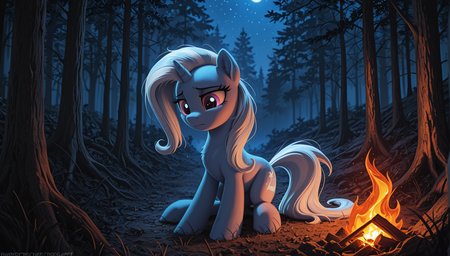 resolution, masterpiece, high resolution, (SOLO: 1.2) my little pony, friendship is magic, wild, detailed background,
sits next to the fire, next to the cart, NIGHT,FOREST,SAD
Trixie pony, blue body, violet eyes,
long, wavy mane and tail are silver-white with blue inserts, the mane is neatly laid,  <lora:Trixie:1>