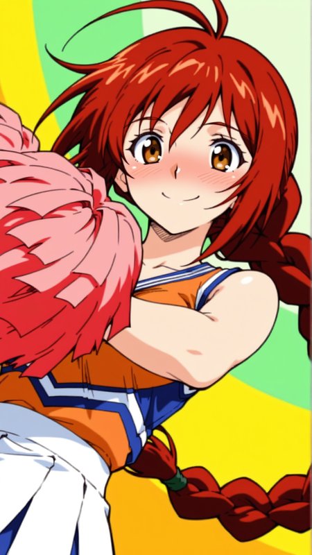 source_anime, general, best quality, masterpiece, 1girl,  <lora:honey_B_ill:1> honey_b\(gbattle\),braid, red hair,long hair,single braid,brown eyes,cheerleader, smile ,(embarrassed:0.8), (flustered:0.7) , dynamic pose, dutch angle,